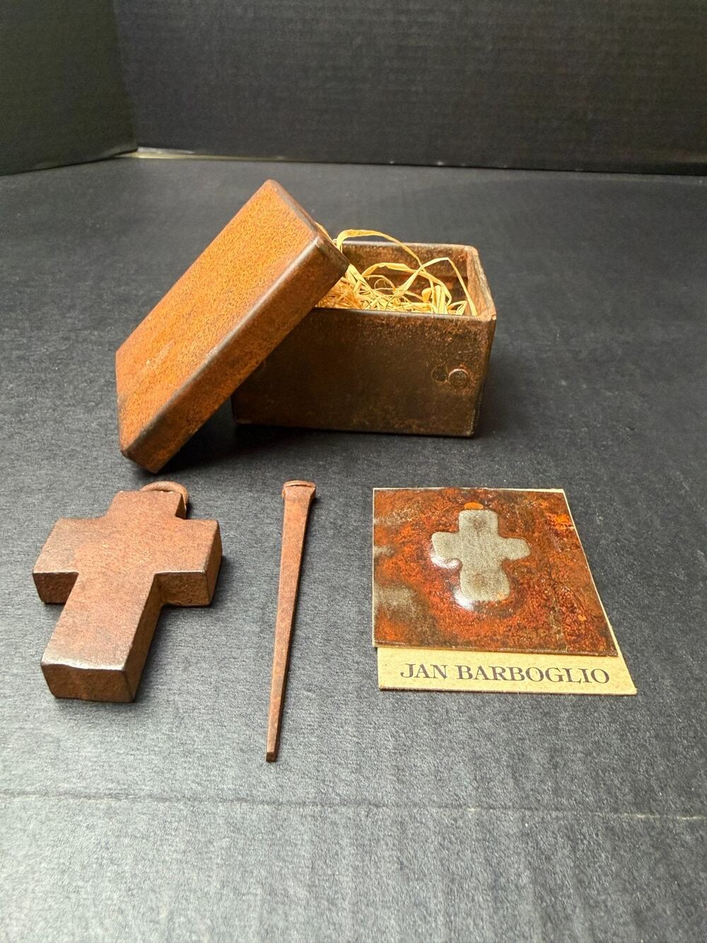 Jan Barboglio House Blessing Cross with Trinket Box Iron Forged Metal Rustic
